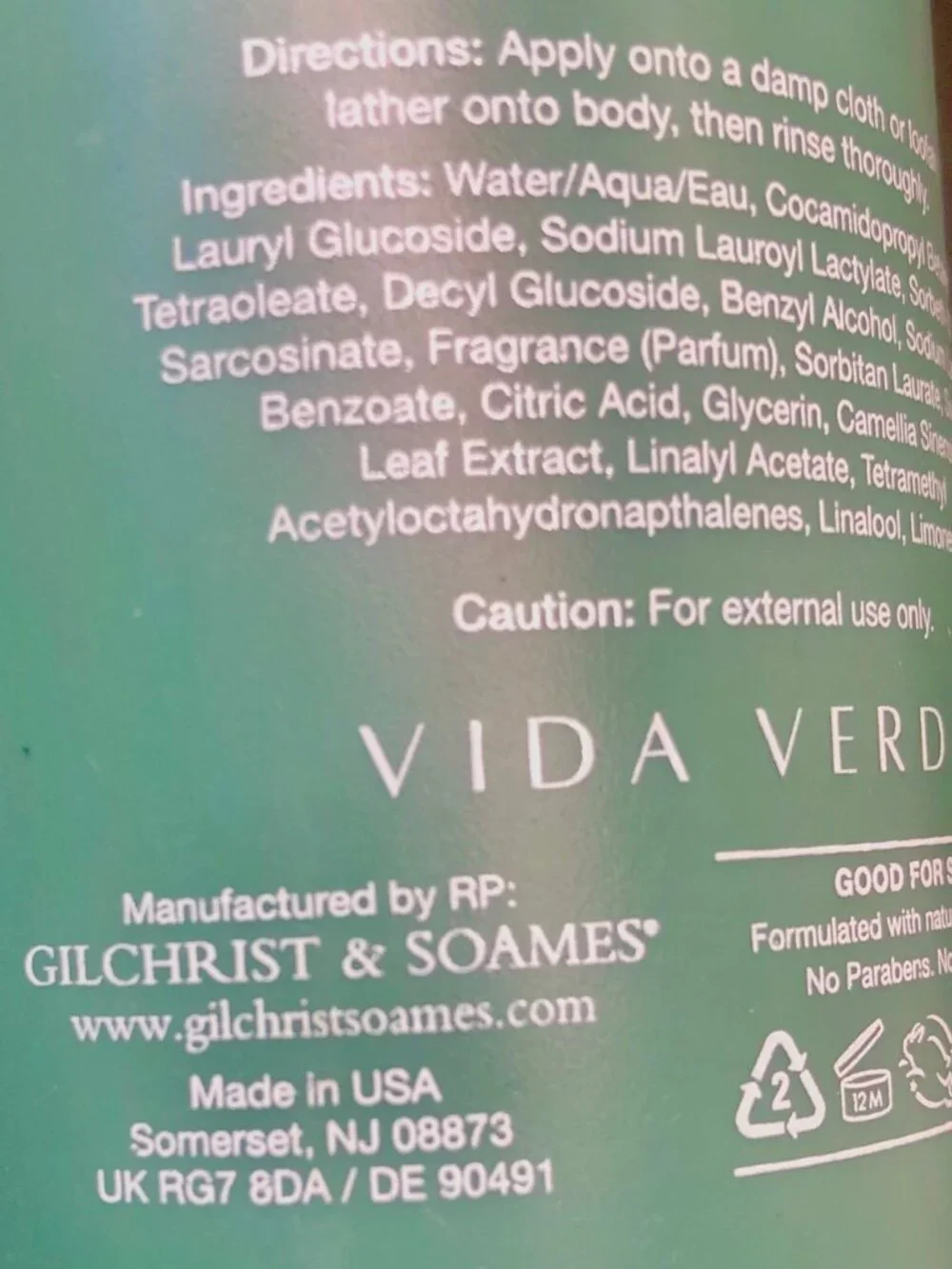 New Body Wash Gilchrist & Soames Vida Verde Matcha & Bancha Tea (2) 12.2oz